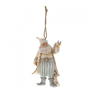 White Woodland Santa With Bird (Hanging Ornament)